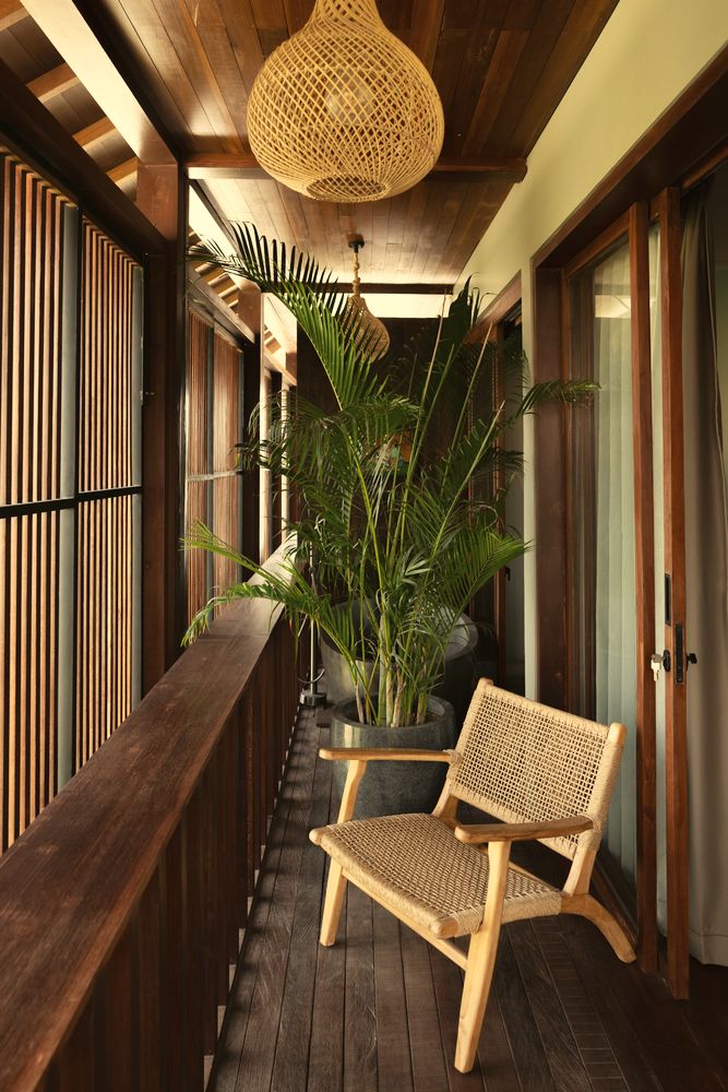 Ironwood balcony with rattan chair and palm in soft light