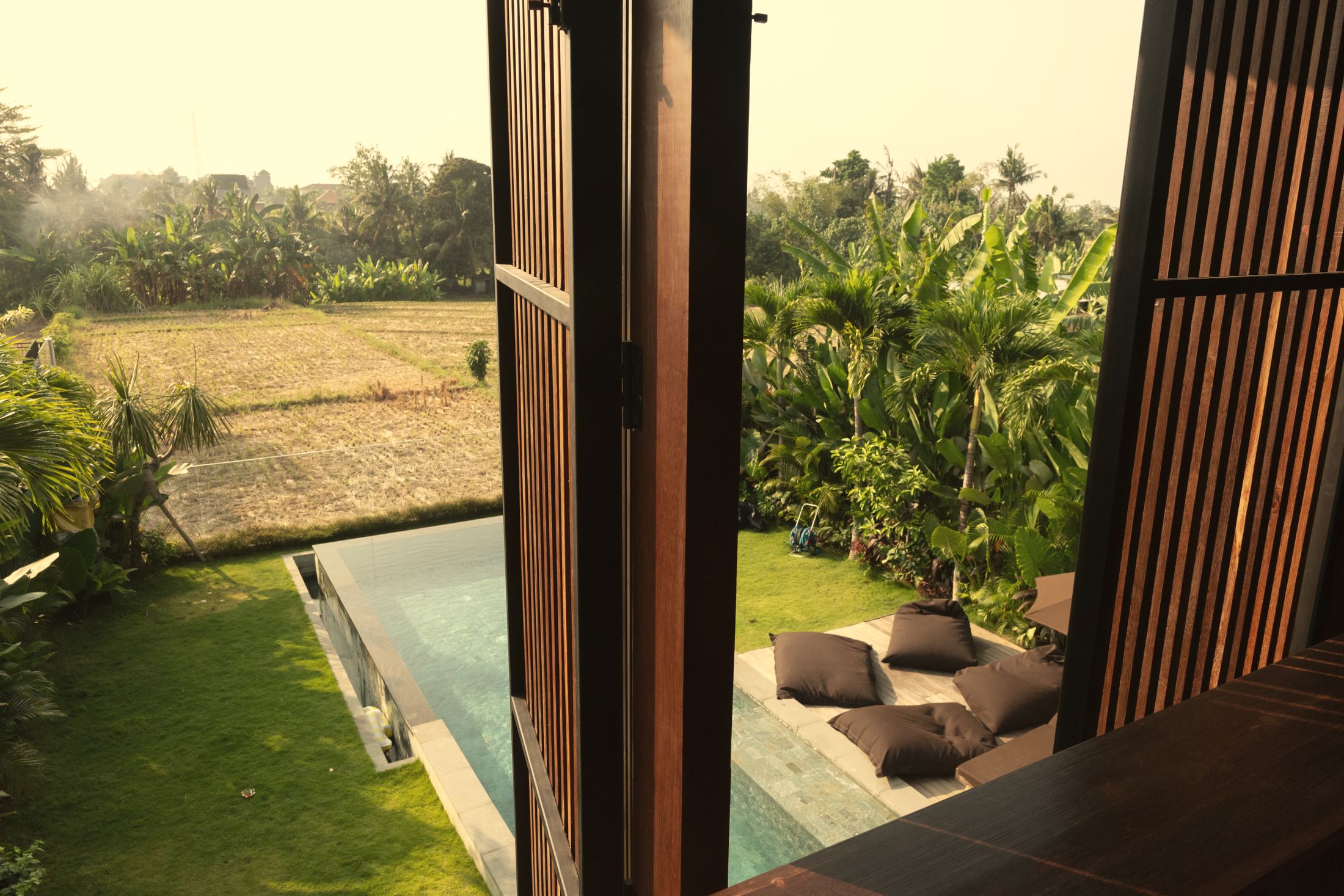 Rice fields and the pool, seen through the ironwood screens